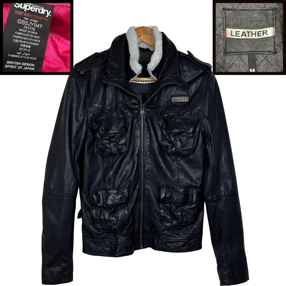Superdry Leather Jacket Womens M Black Military Field Faux Shearling Collar Moto